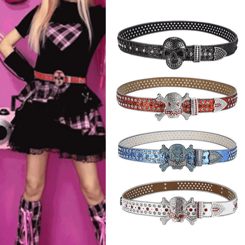 Rock Skull Rhinestone Beaded Decor Leather Belt - image 1