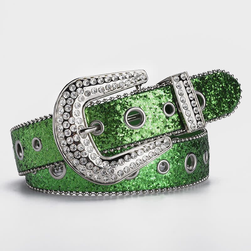 Dazzling Sequin Rhinestone Buckle Leather Belt