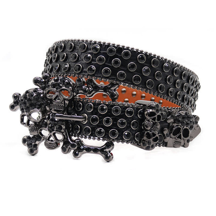 Black Skull Shape Buckle Rhinestone Studded Leather Belt