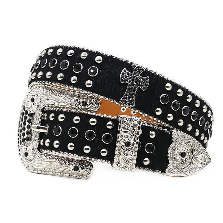 Cross Rivet Studded Bling Rhinestone Leather Belt