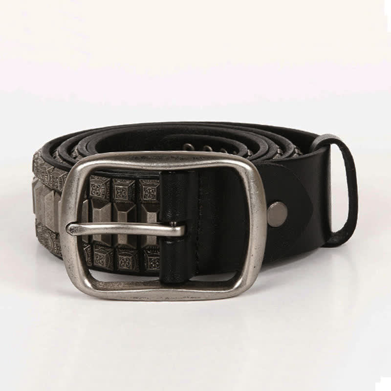 Vintage Geometric Metal Rivet Studded Leather Belt