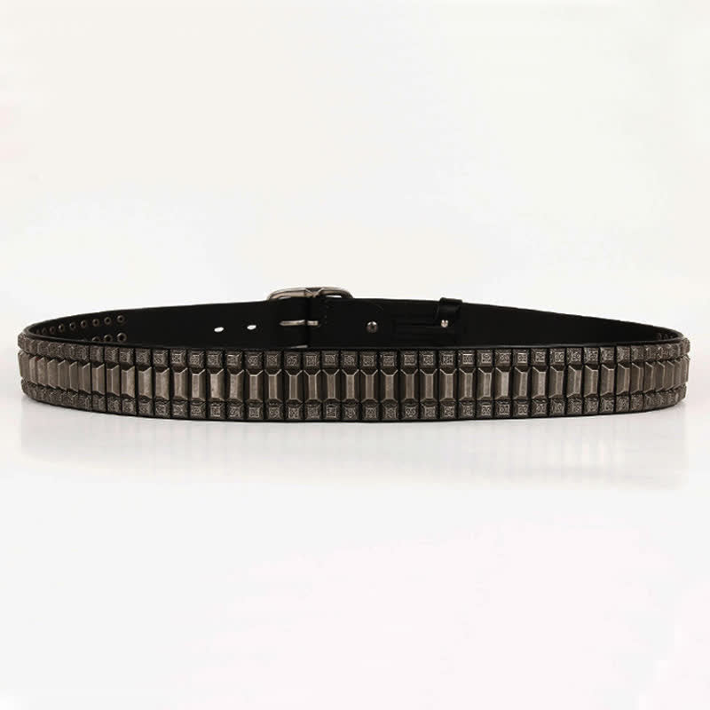 Vintage Geometric Metal Rivet Studded Leather Belt