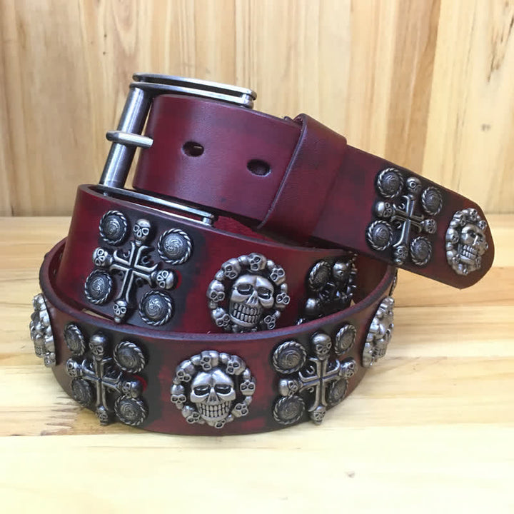 Heavy Metal Rivet Skull Cross Pattern Leather Belt