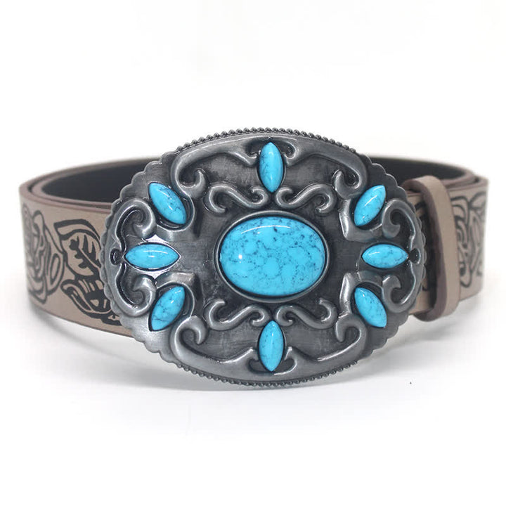 Floral Pattern Turquoise Stone Inlaid Leather Belt