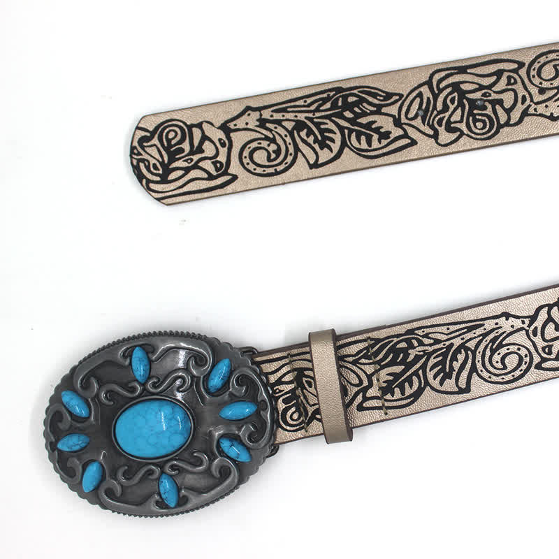 Floral Pattern Turquoise Stone Inlaid Leather Belt