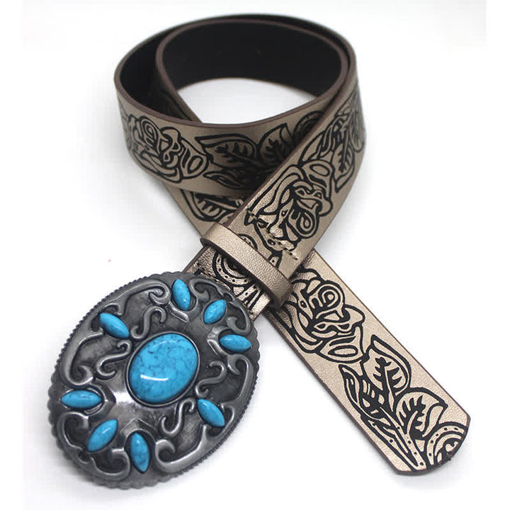 Floral Pattern Turquoise Stone Inlaid Leather Belt