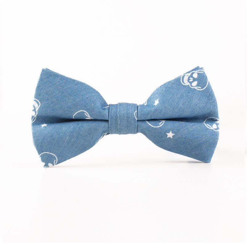 Men's British Style Blue Fish Bone Skull Print Cotton Bow Tie