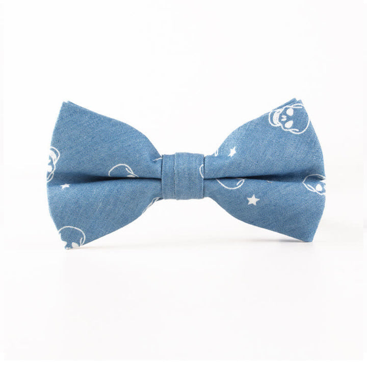 Men's British Style Blue Fish Bone Skull Print Cotton Bow Tie