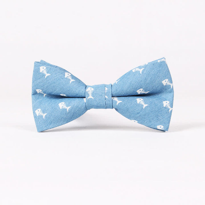 Men's British Style Blue Fish Bone Skull Print Cotton Bow Tie