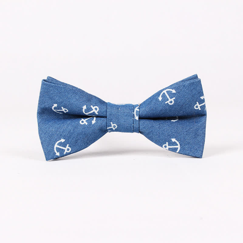 Men's British Style Blue Fish Bone Skull Print Cotton Bow Tie