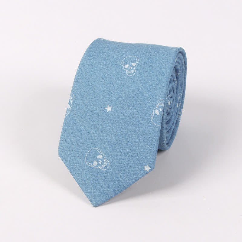 Men's British Style Blue Fish Bone Skull Print Cotton Necktie