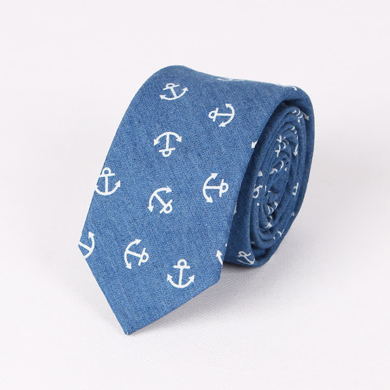 Men's British Style Blue Fish Bone Skull Print Cotton Necktie - Blue Anchor - image 8