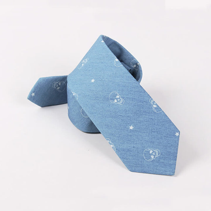 Men's British Style Blue Fish Bone Skull Print Cotton Necktie