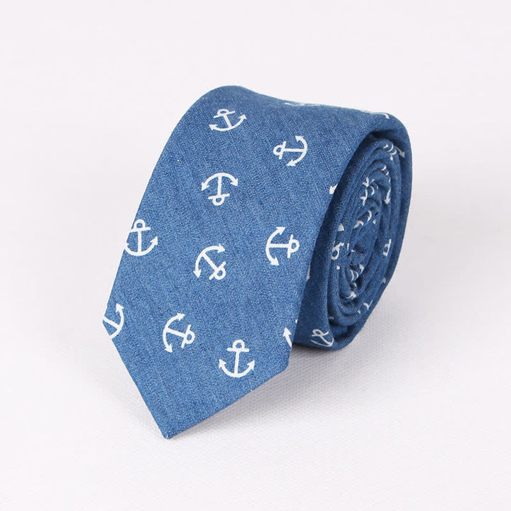 Men's British Style Blue Fish Bone Skull Print Cotton Necktie - Blue Anchor - image 8