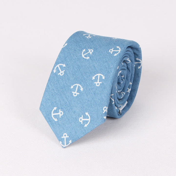 Men's British Style Blue Fish Bone Skull Print Cotton Necktie