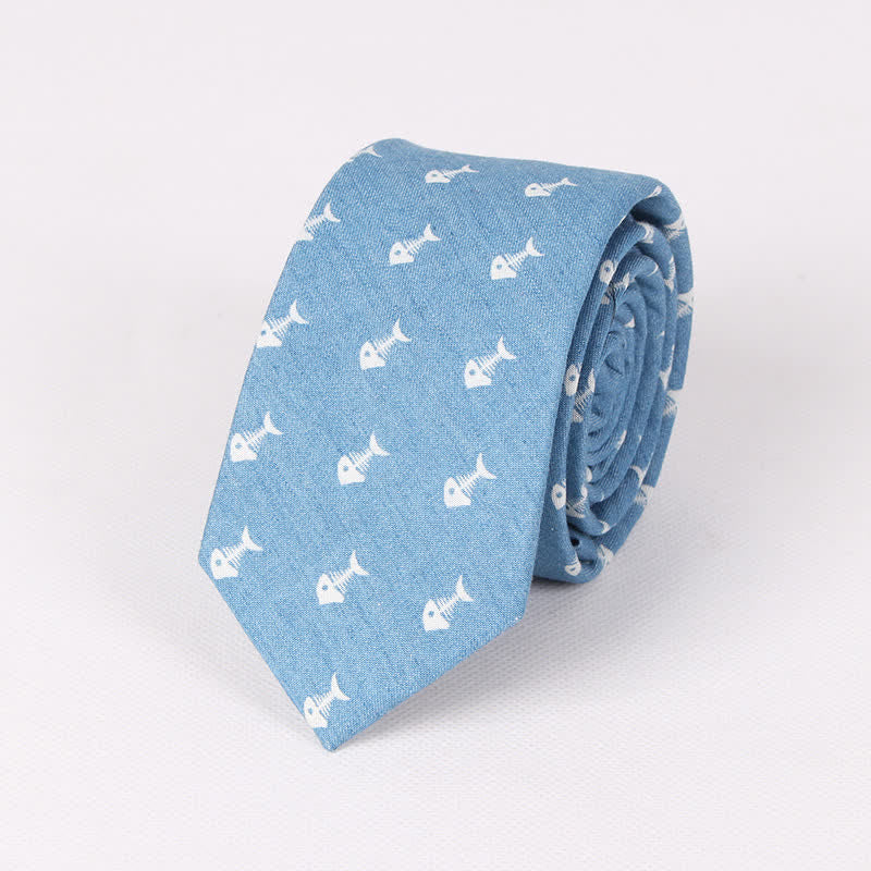 Men's British Style Blue Fish Bone Skull Print Cotton Necktie - Light Blue Fish Bone - image 9