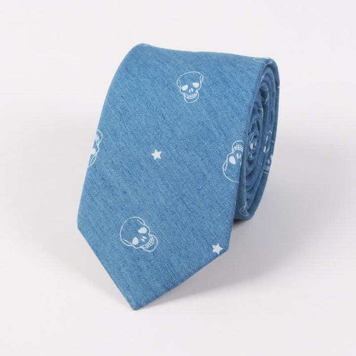 Men's British Style Blue Fish Bone Skull Print Cotton Necktie - Blue Skull - image 3