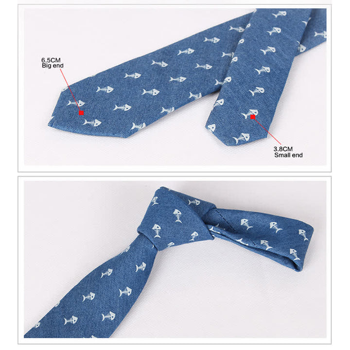 Men's British Style Blue Fish Bone Skull Print Cotton Necktie