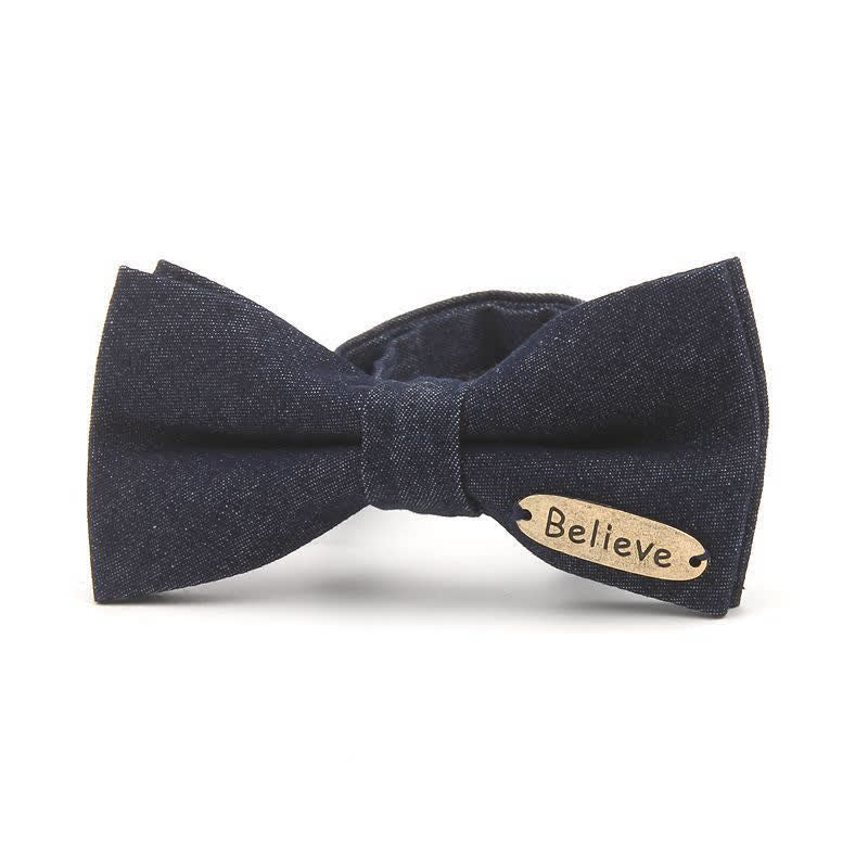 Men's Dark Navy Blue Metallic Decors Denim Cotton Bow Tie