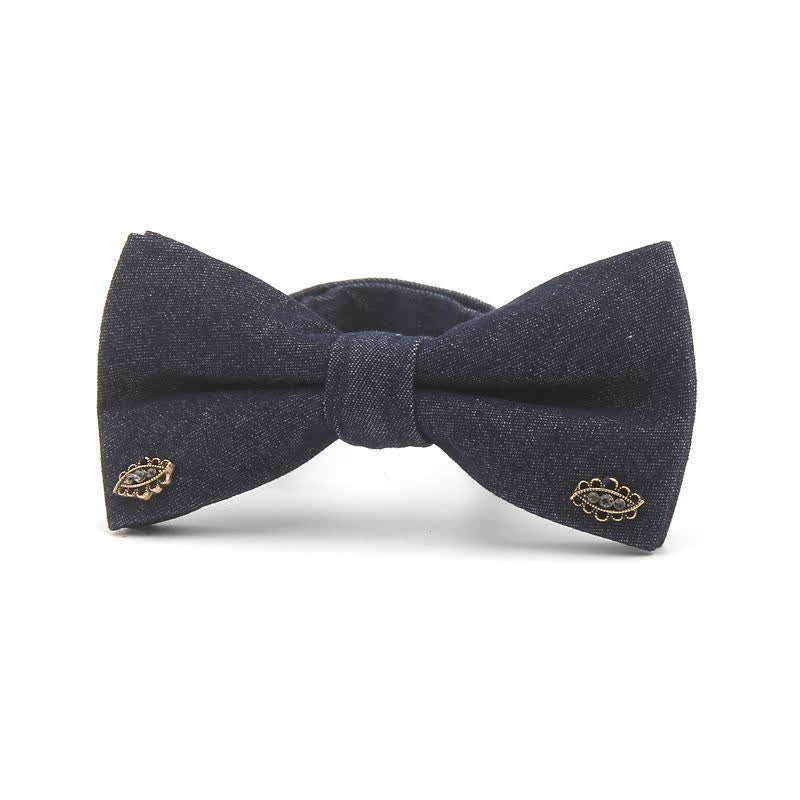 Men's Dark Navy Blue Metallic Decors Denim Cotton Bow Tie