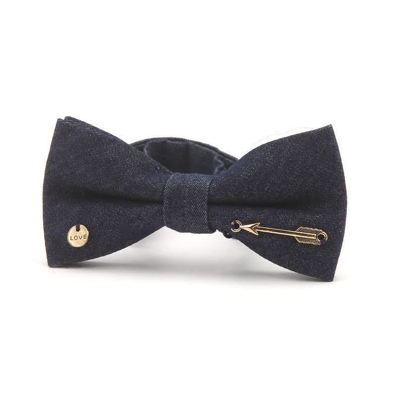 Men's Dark Navy Blue Metallic Decors Denim Cotton Bow Tie