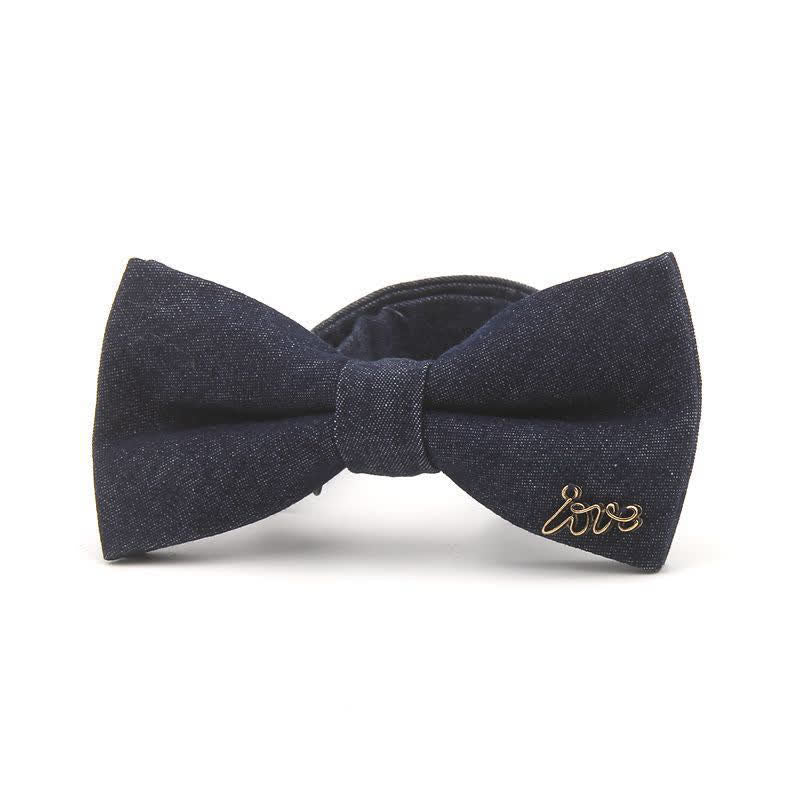 Men's Dark Navy Blue Metallic Decors Denim Cotton Bow Tie