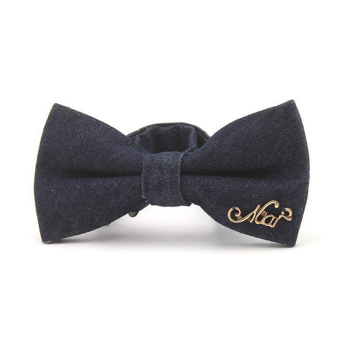 Men's Dark Navy Blue Metallic Decors Denim Cotton Bow Tie