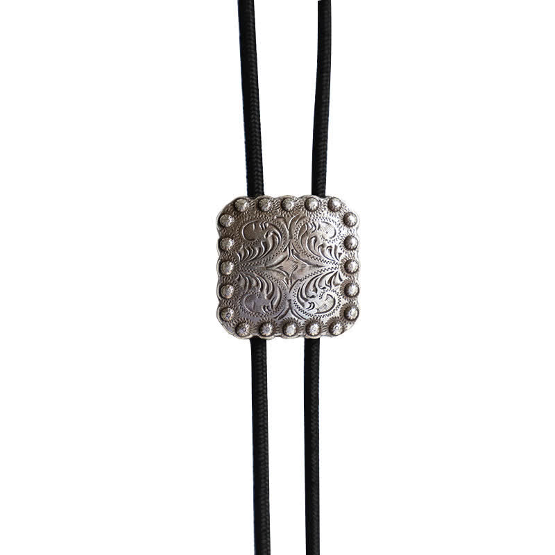 Simple Silver Carving Square Pendant Bolo Tie