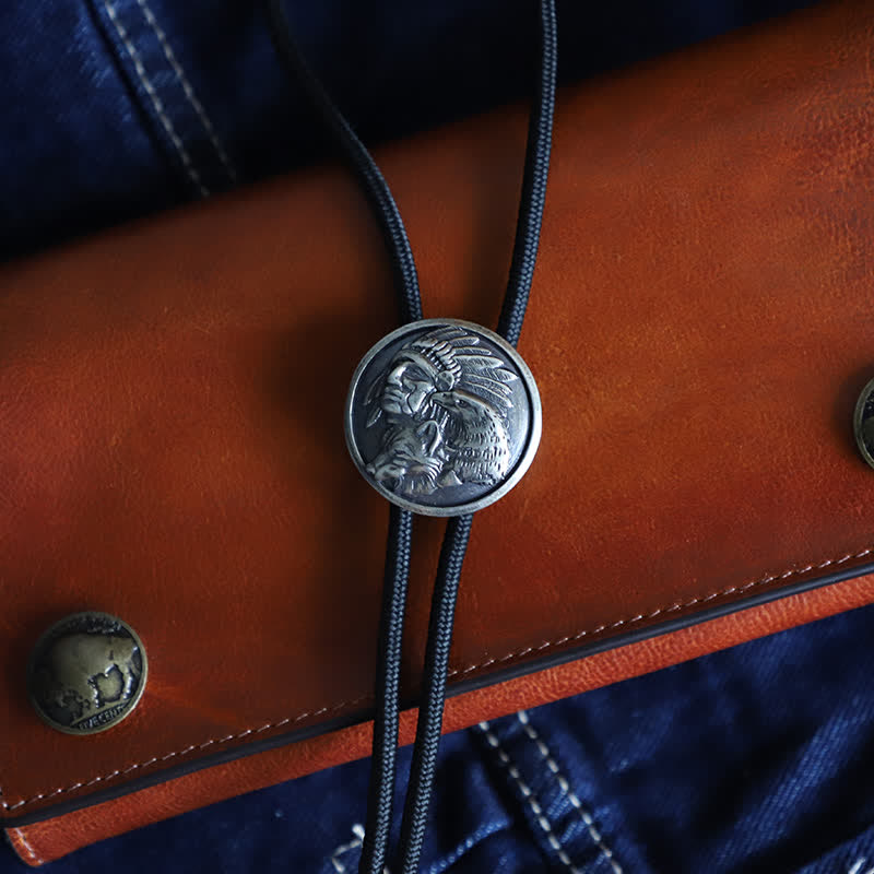 Cowboy Carving Indian Cheif Head Bolo Tie