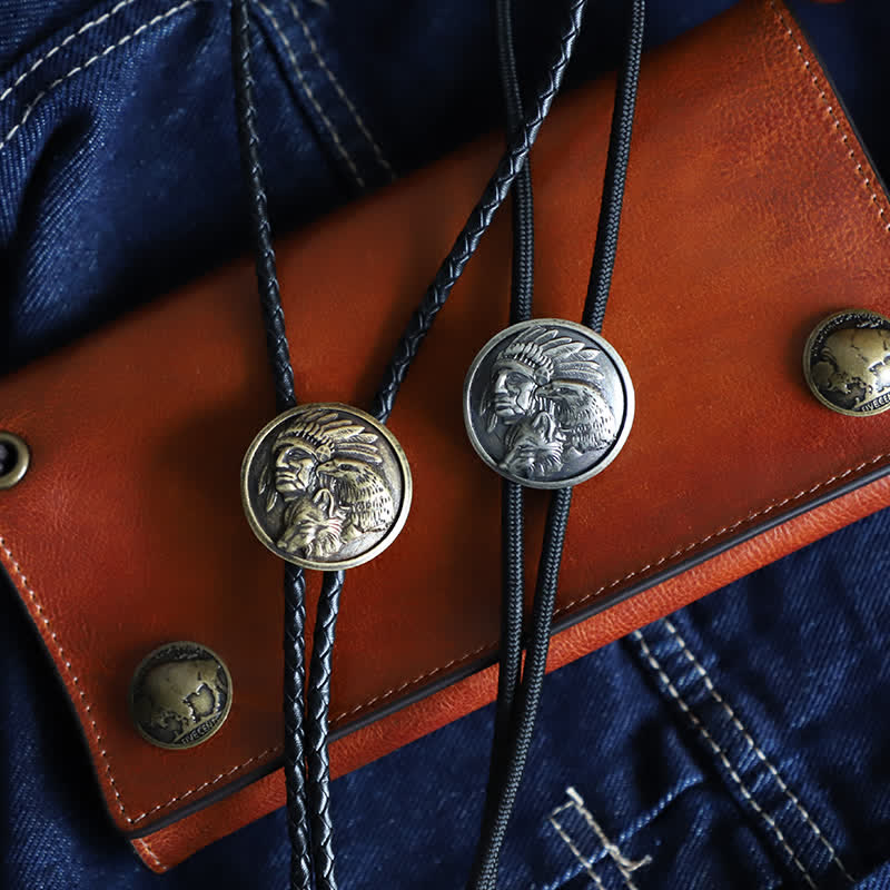 Cowboy Carving Indian Cheif Head Bolo Tie