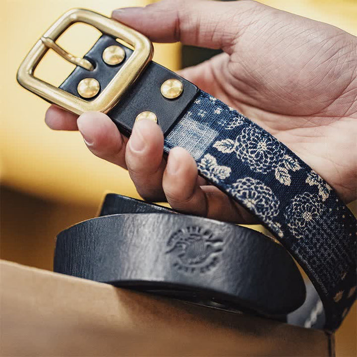 Men's Retro Ancient Floral Printed Cloth Leather Belt