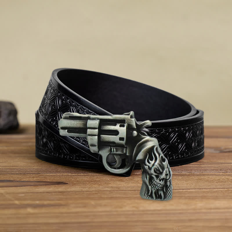 Men's DIY Pistol Gun Flame Skull Buckle Leather Belt