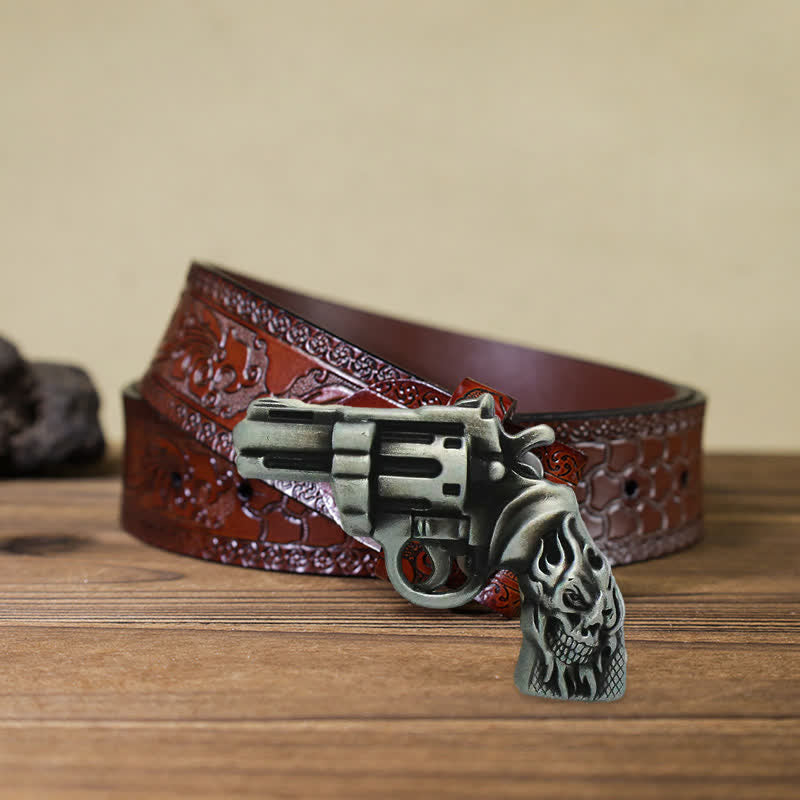 Men's DIY Pistol Gun Flame Skull Buckle Leather Belt