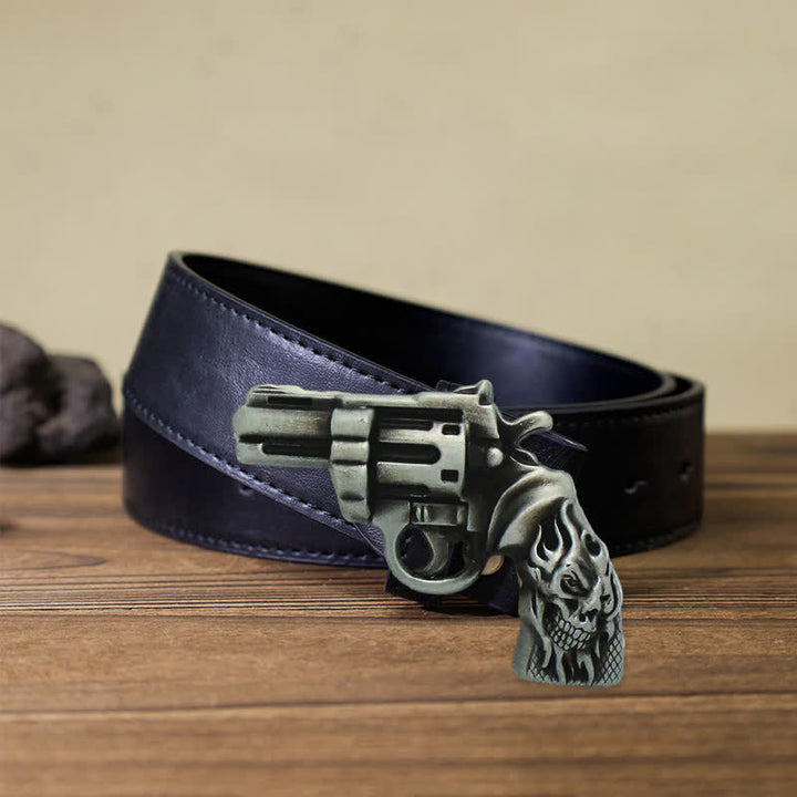 Men's DIY Pistol Gun Flame Skull Buckle Leather Belt