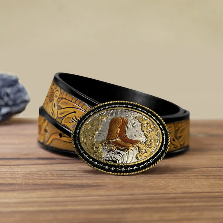 Men's DIY Western Cowboy Golden Oval Buckle Leather Belt