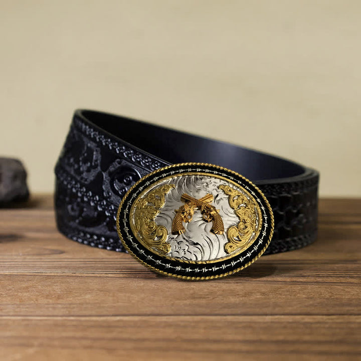 Men's DIY Western Cowboy Golden Oval Buckle Leather Belt