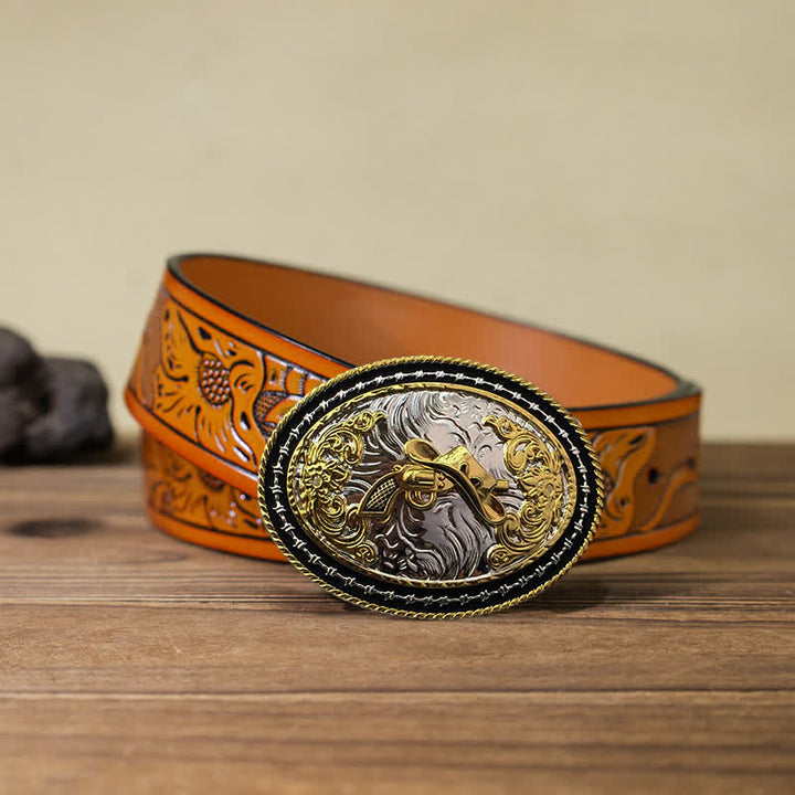 Men's DIY Western Cowboy Golden Oval Buckle Leather Belt