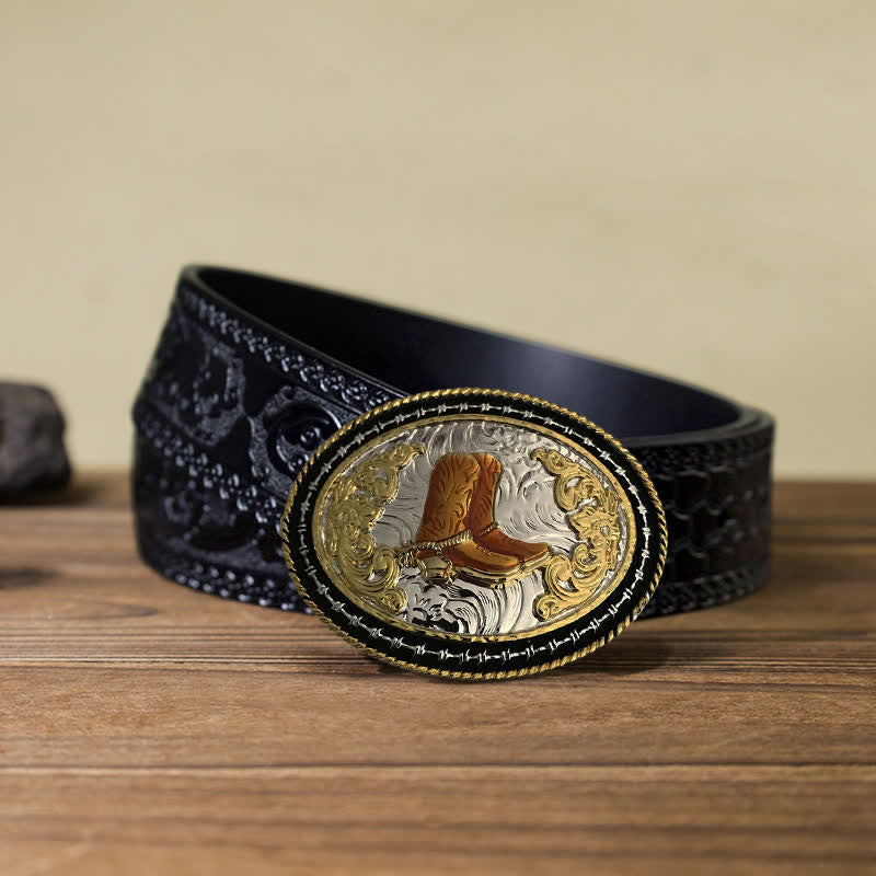 Men's DIY Western Cowboy Golden Oval Buckle Leather Belt