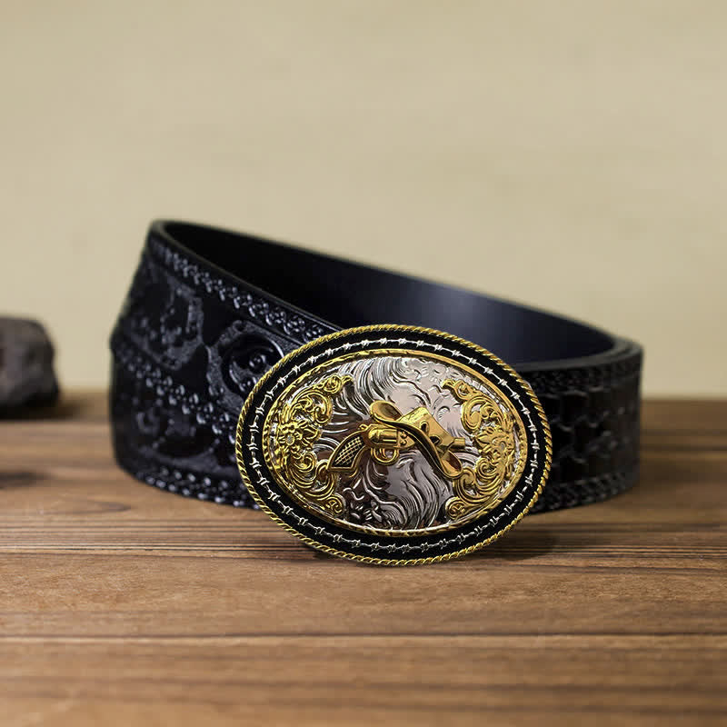 Men's DIY Western Cowboy Golden Oval Buckle Leather Belt