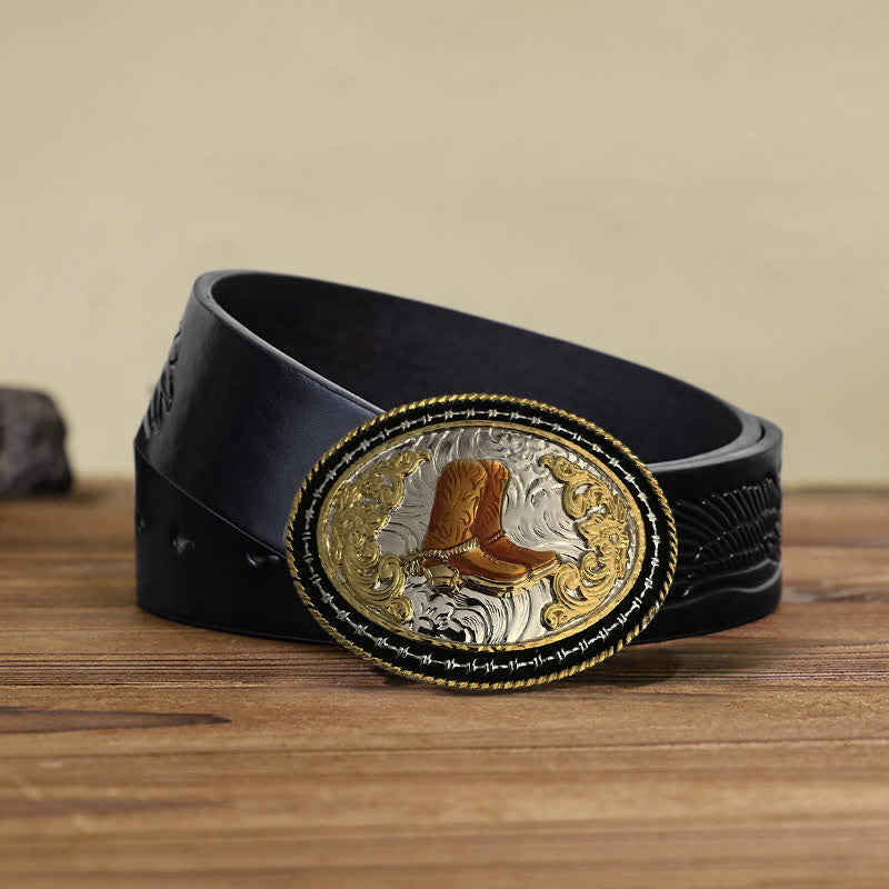 Men's DIY Western Cowboy Golden Oval Buckle Leather Belt