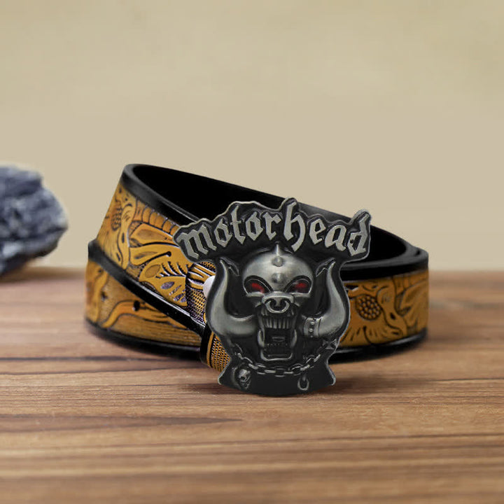 Men's DIY Motor Head Skull Enamel Buckle Leather Belt