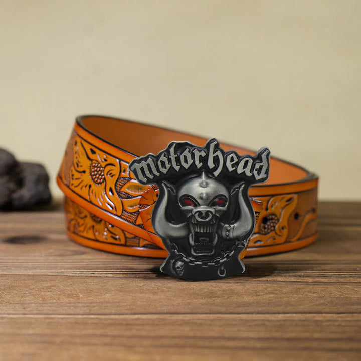 Men's DIY Motor Head Skull Enamel Buckle Leather Belt