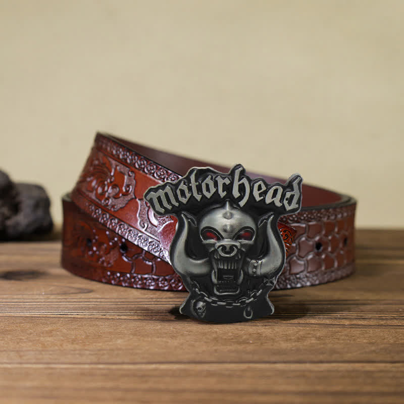 Men's DIY Motor Head Skull Enamel Buckle Leather Belt