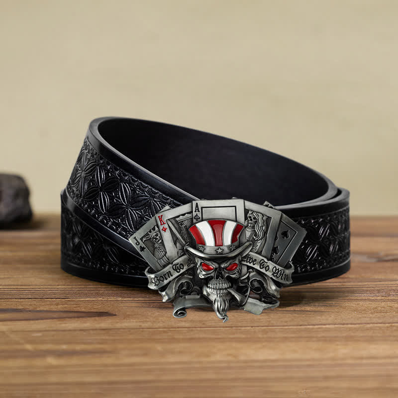 Men's DIY Live To Win Skull Poker Buckle Leather Belt