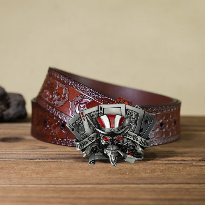 Men's DIY Live To Win Skull Poker Buckle Leather Belt