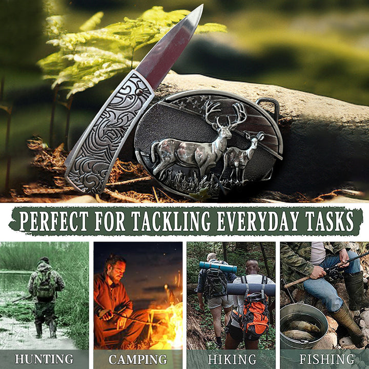 Men's DIY Deer Flag Hidden Folding Knife Leather Belt - image 4