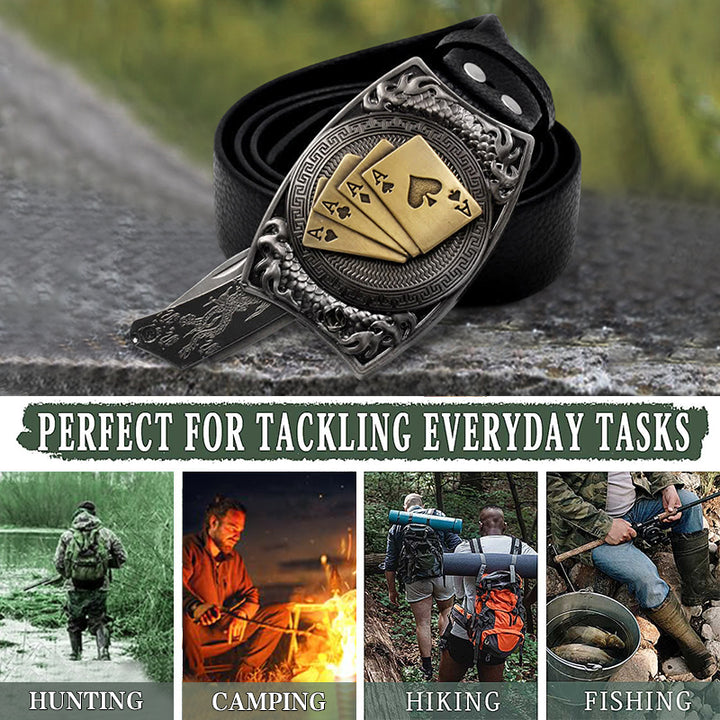 Men's DIY Gold Poker Hidden Folding Knife Leather Belt - image 4