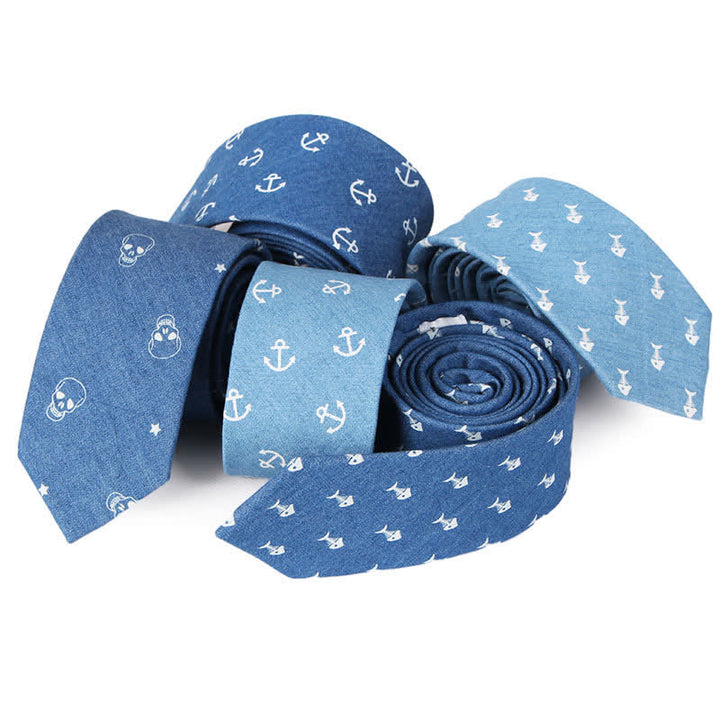 Men's British Style Blue Fish Bone Skull Print Cotton Necktie