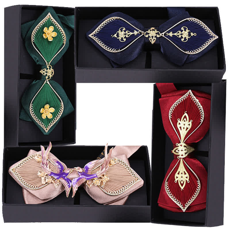 Men's Wedding Golden Floral Branch Bird Bow Tie