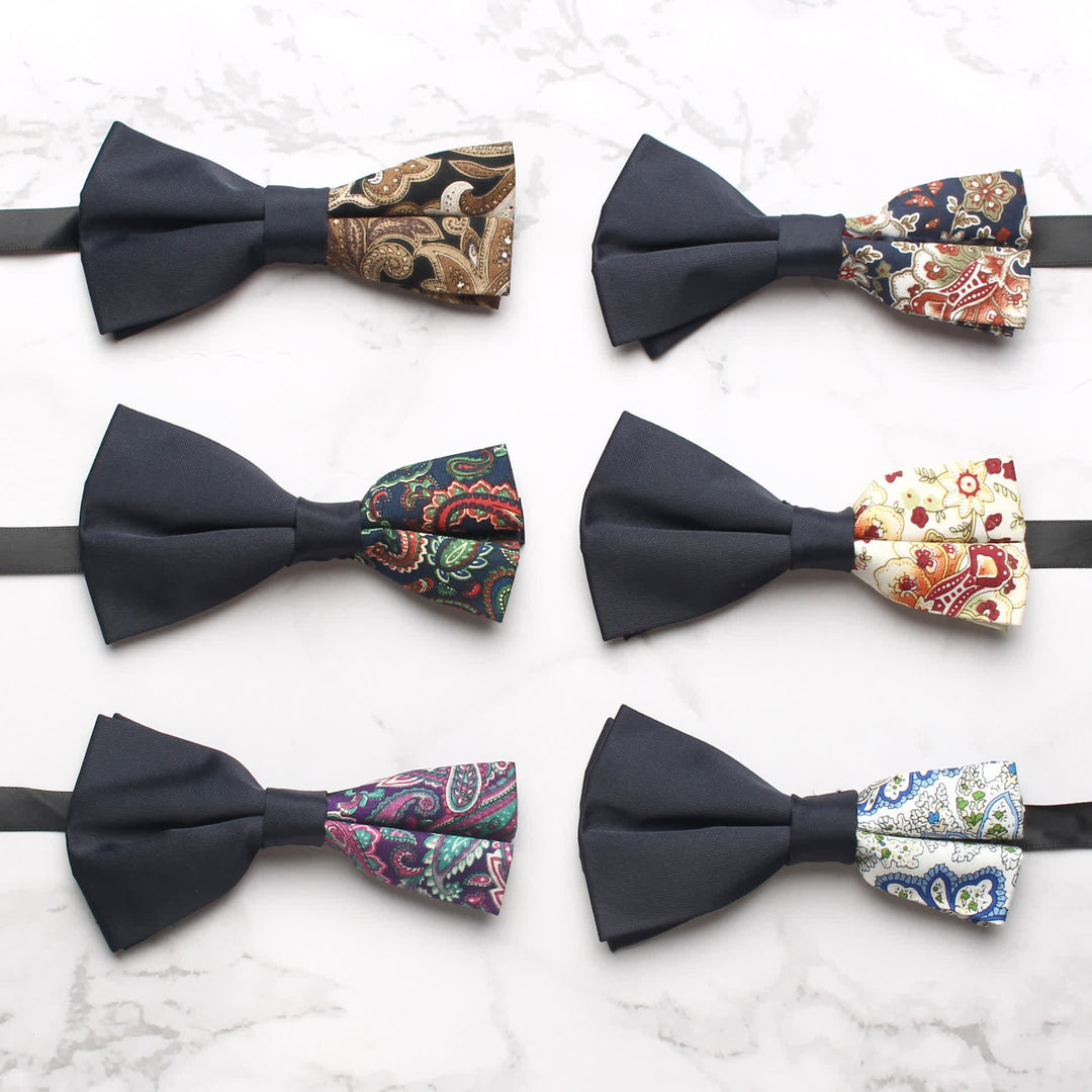 Men's Novel Paisley Printed Splicing Black Bow Tie